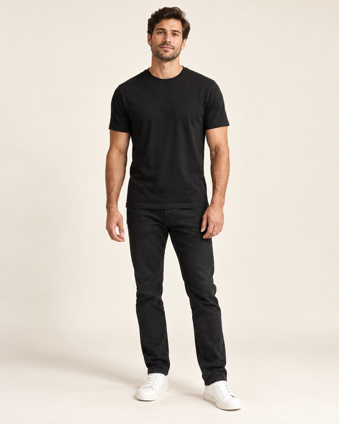 Man wearing a fitted black premium T-shirt