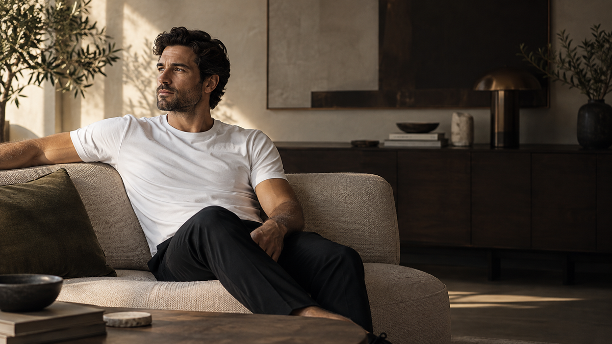 Man wearing a white premium T-shirt in a refined interior
