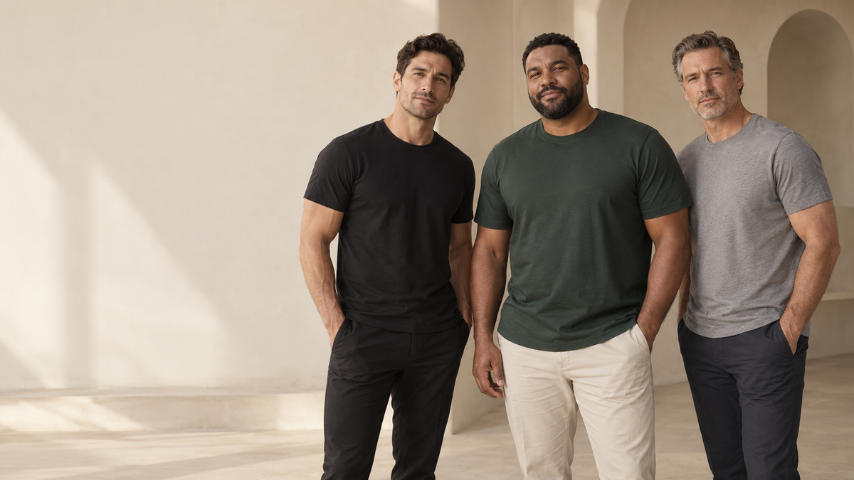 Three men wearing Alamoni-style premium T-shirts